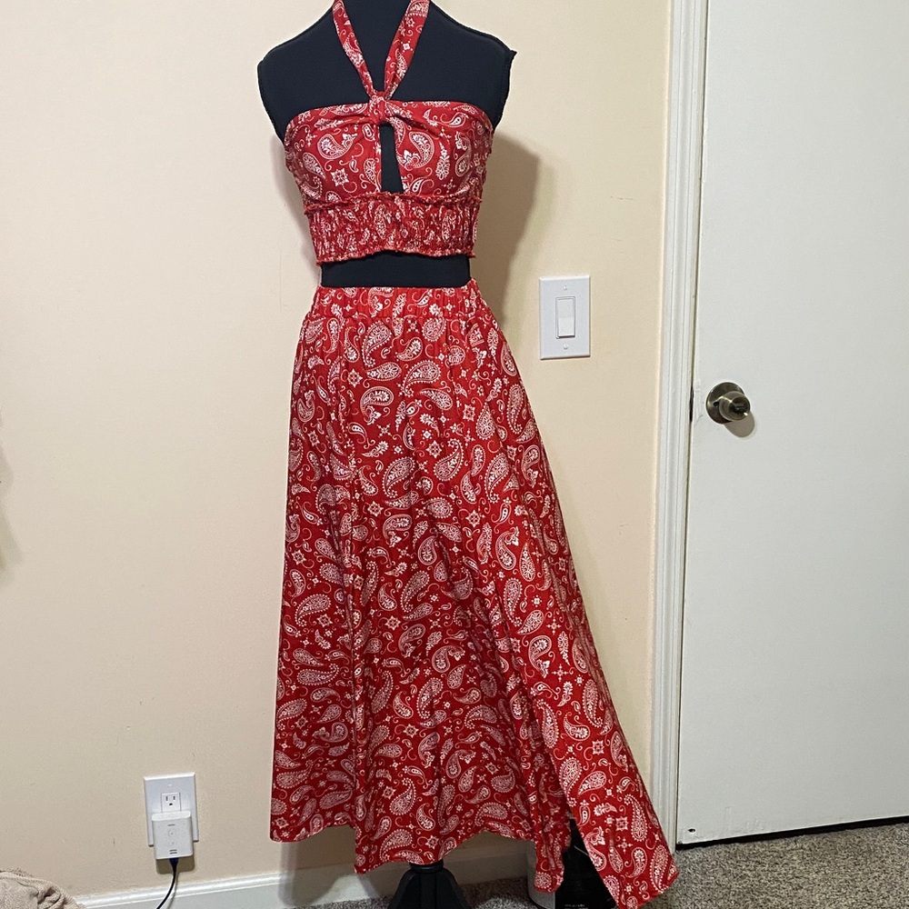Red Paisley Halter Maxi Dress